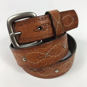 Dockers Floral Tooled Brown Leather Studded Belt M